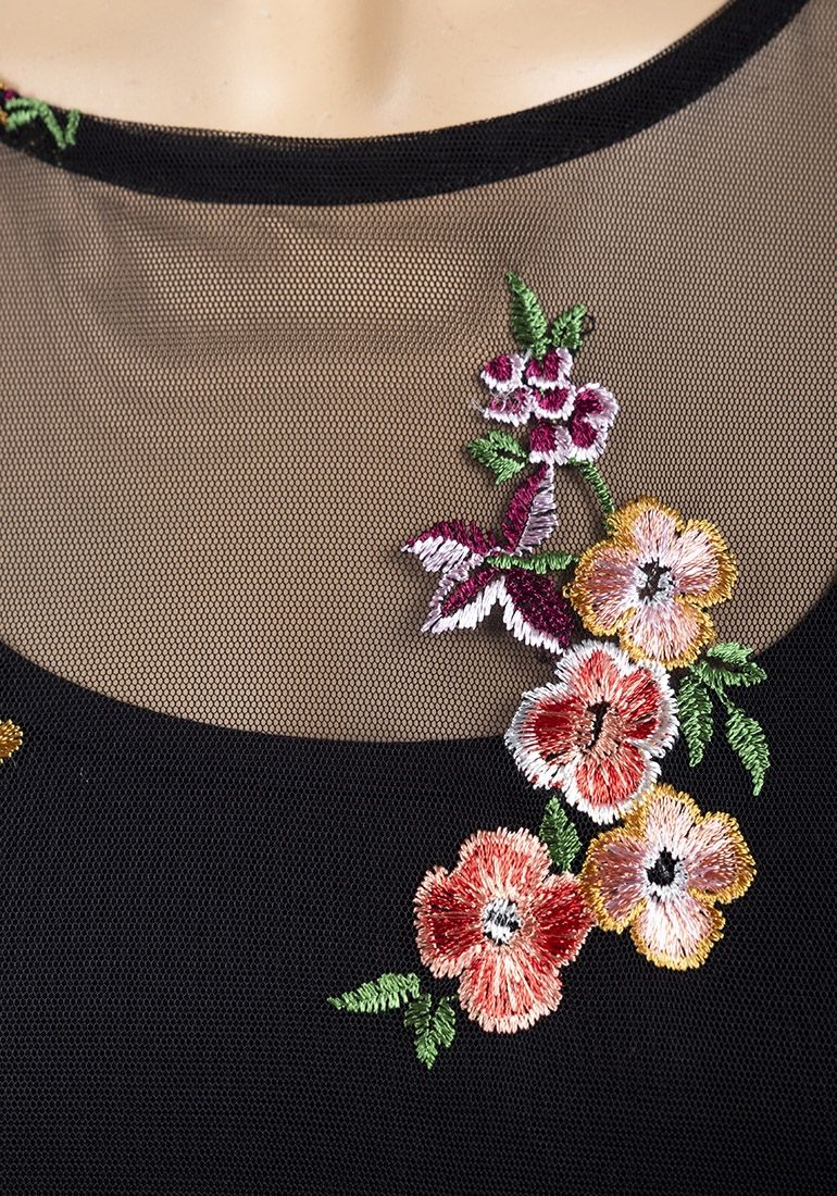 Ladies Floral Embroidery Sheer Mesh Long Sleeve Top Black